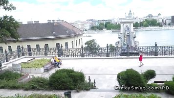 Busty slave and her mistress in public